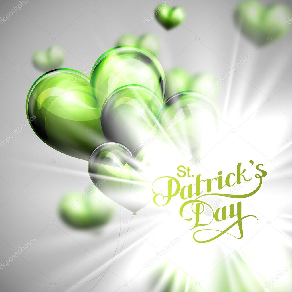 Vector typographical illustration of handwritten Saint Patricks Day label on the holiday background of flying green balloon hearts and shiny burst.  holiday lettering composition