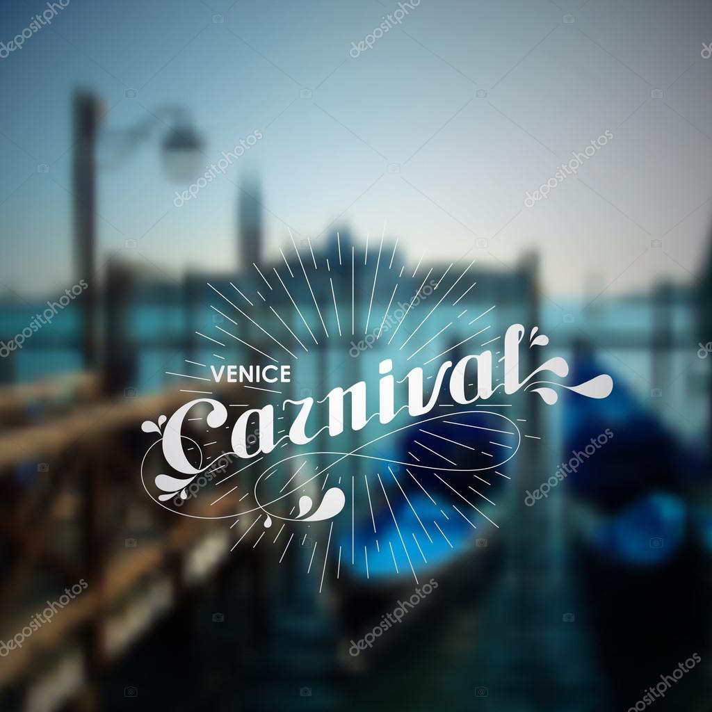 Vector holiday illustration of blurred Venice cityscape with ornate typographic label and light rays. Venice carnival lettering template design