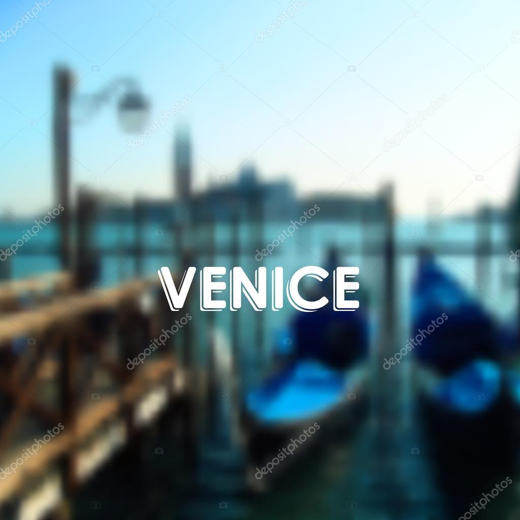 Vector illustration of gondolas in Venice lagoon, Italy. Blurred cityscape with typographic label