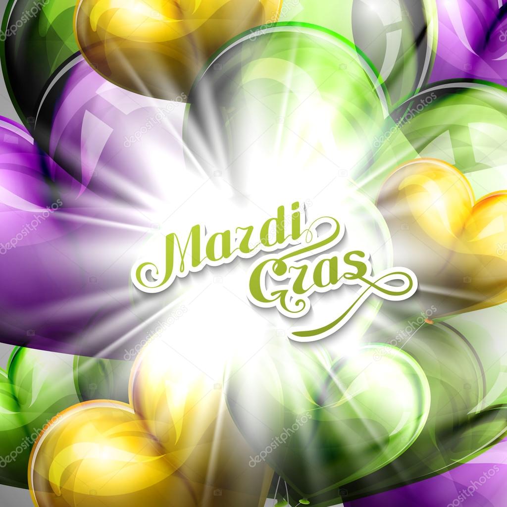 vector illustration of Mardi Gras or Shrove Tuesday lettering label on the flying balloon hearts background with shiny explosion, burst or flash . Holiday poster or placard template