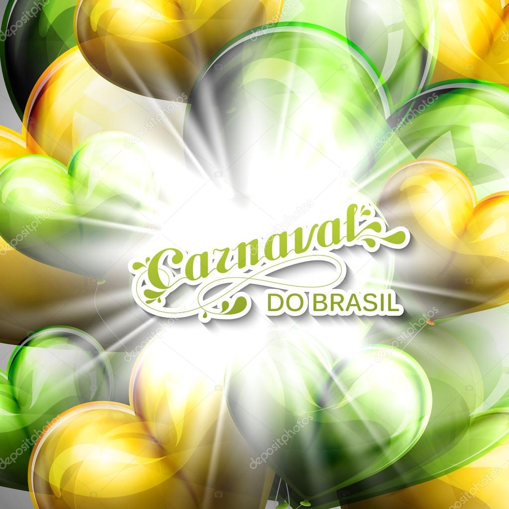 Vector illustration of brazilian Carnival lettering label on the flying balloon hearts background with shiny explosion, burst or flash . Holiday poster or placard template