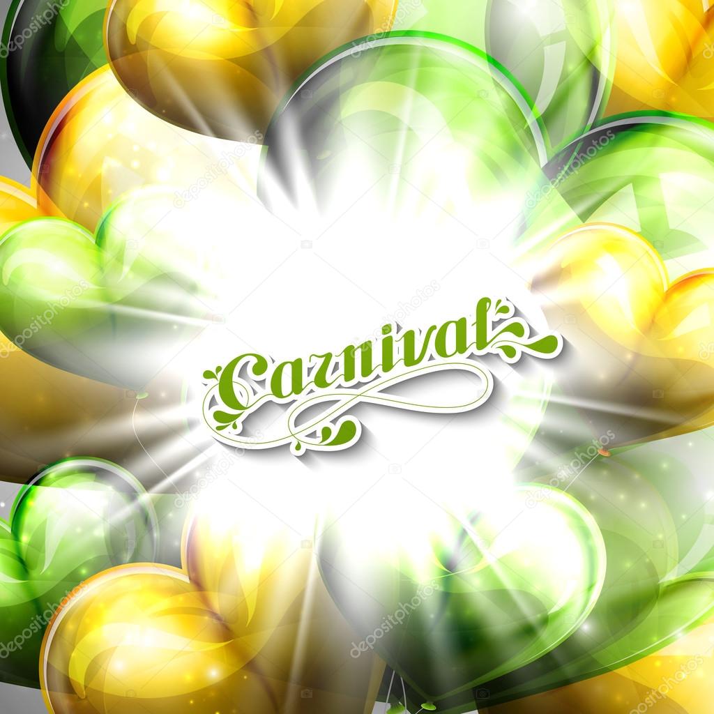 Vector illustration of Carnival lettering label on the flying balloon hearts background with shiny explosion, burst or flash . Holiday poster or placard template