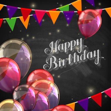 chalk illustration of Happy Birthday emblem with balloons and flags clipart