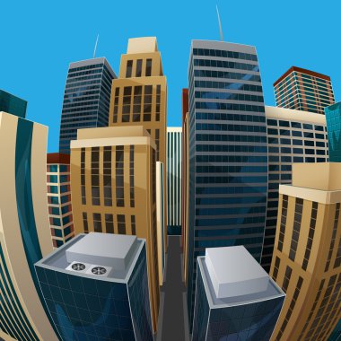 illustration of panoramic fisheye lens cityscape view. city clipart