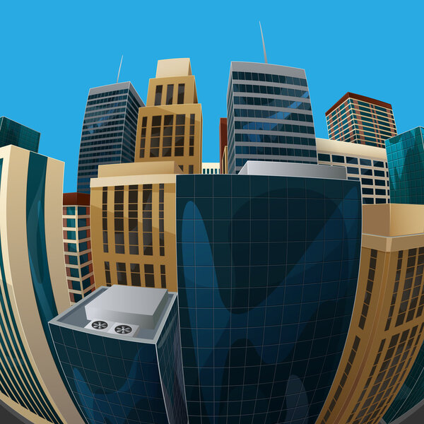 иллюстрация вида на городской пейзаж объектива рыбьего глаза. город
