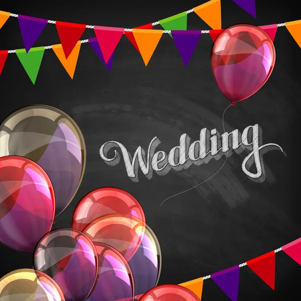 Tiza ilustración de etiqueta de boda con globos y banderas — Vector de stock