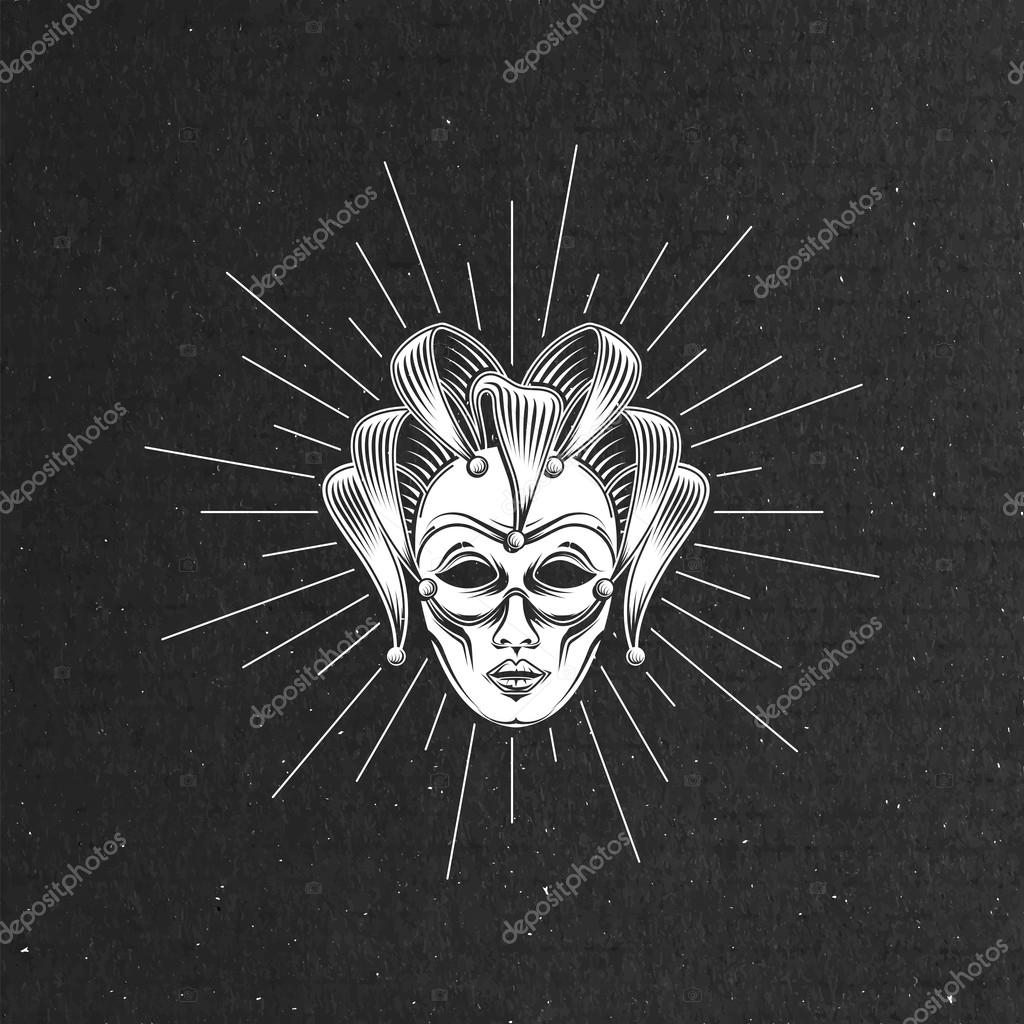 Vector illustration of engraving venetian carnival mask or jester emblem and light rays on black cardboard texture. carnival symbol