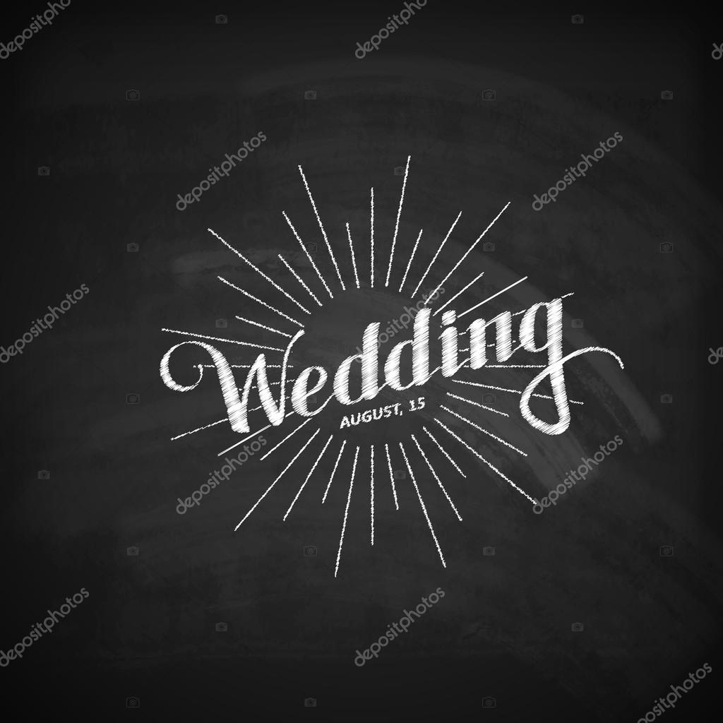 Vector chalk illustration of handwritten Wedding retro label with light rays or burst on the blackboard background. ceremony invitation logo