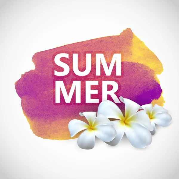 Etiqueta de verão com flores de frangipani na mancha de aquarela — Vetor de Stock