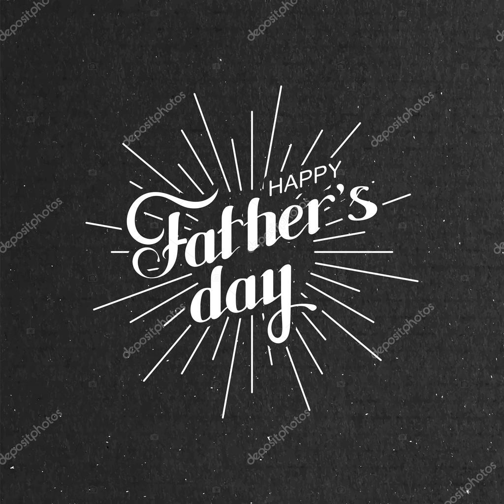 Vector typographic illustration of handwritten Happy Fathers Day retro label with light rays. lettering composition
