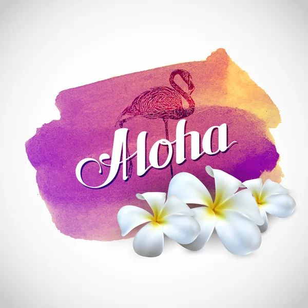 Etiqueta Aloha con flores exóticas de frangipani sobre fondo acuarela — Archivo Imágenes Vectoriales