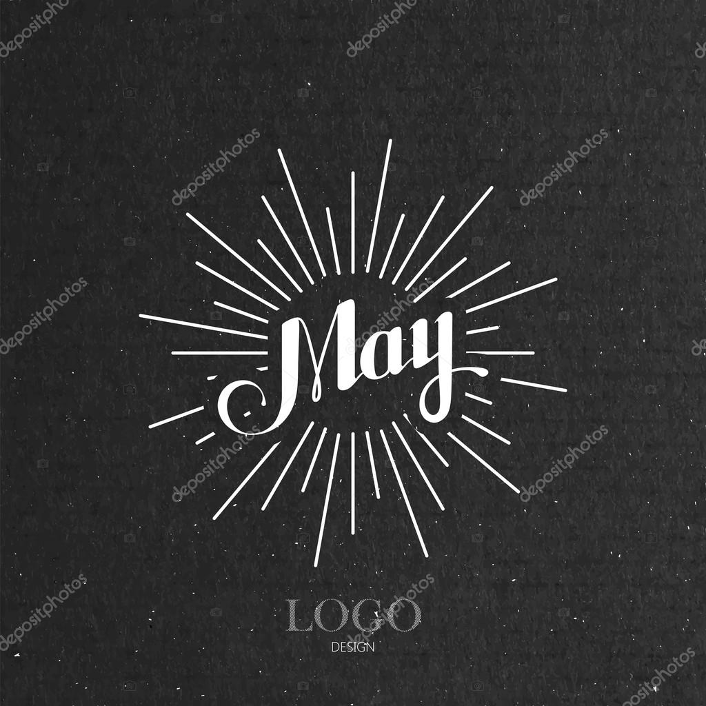 Vector typographic illustration of handwritten May retro label with light rays. lettering logo composition