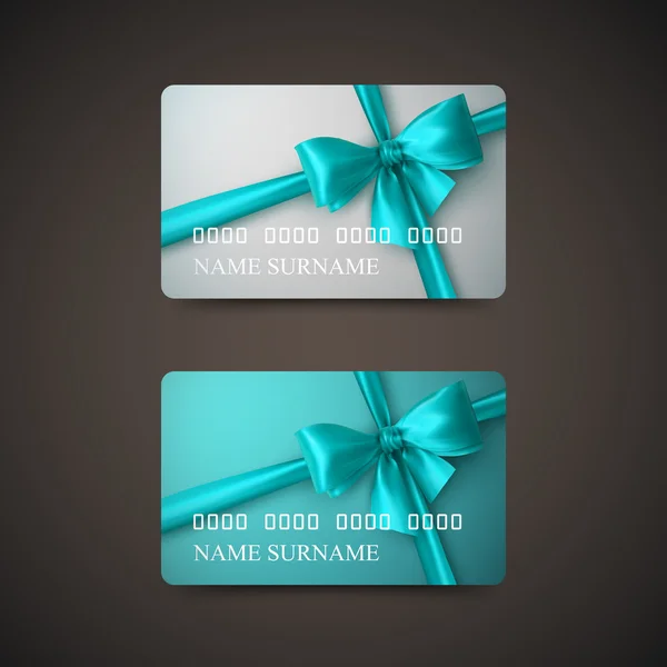 Tarjetas de regalo con arco azul y cinta . — Vector de stock