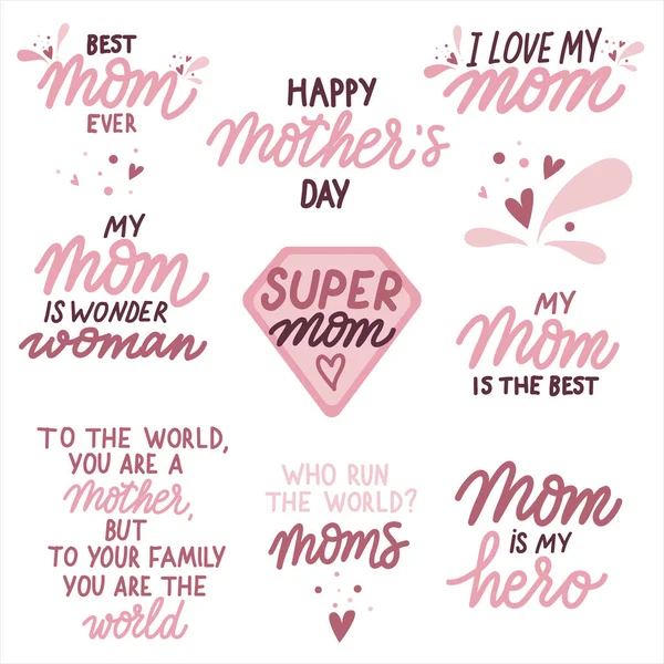 Caligrafía con citas para mamá. Día de las Madres lindo vector dibujado a mano letras con corazones y salpicaduras — Archivo Imágenes Vectoriales