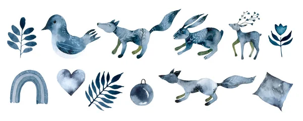 Grande set di simpatici volti di animali e Natale disegnato a mano lettering e clip art elementi di design. Illustrazione animali forestali — Foto Stock