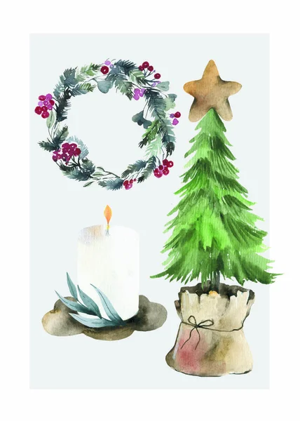 Gekritzelte Weihnachtsgrußkarten. handgezeichnete niedliche Symbole. Skandinavischer Stil. Weihnachtsbaum, Häuser, Girlanden, Schneekugel und Schriftzug. — Stockfoto