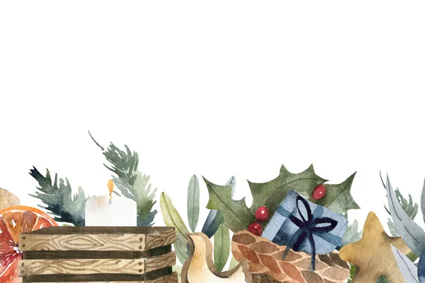 Bannière horizontale avec guirlande d'arbre de Noël et ornements. Pendaison de boules et rubans dorés et rouges. Idéal pour les prospectus, affiches, en-têtes. illustration — Photo