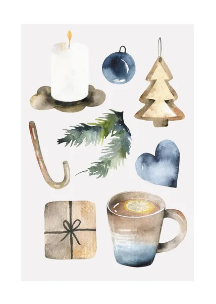 Acquerello artistico Natale e nuovo anno elemetn decorazione raccolta isolata su sfondo bianco. Set di elementi decorativi natalizi disegnati a mano. — Foto Stock