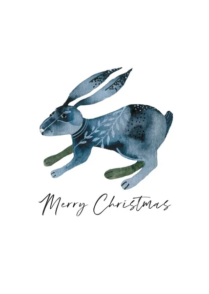 Illustration de vacances d'un lapin mignon dans les mitaines disant Joyeux Noël et bonne année. Fond de Noël avec un personnage de dessin animé souriant. — Photo