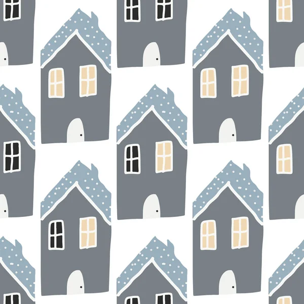 Cute houses, fox and autumn trees seamless pattern on white background. Scandinavian style nature illustration. Autumn landscape with animal design for textile