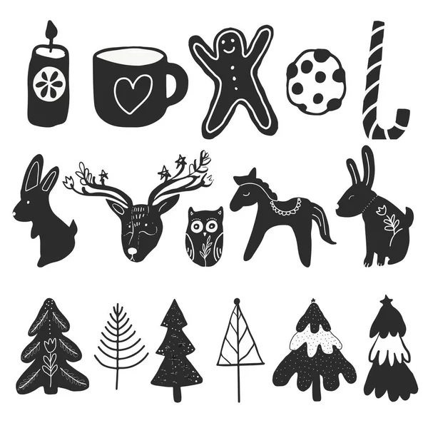 Weihnachten Schwarz-Weiß-Doodle-Illustrationen Objekte im skandinavischen Stil Hygge — Stockfoto