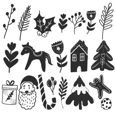 Noel siyah ve beyaz karalama çizimleri İskandinav tarzı birleştirici nesneler