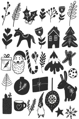 Noel siyah ve beyaz karalama çizimleri İskandinav tarzı birleştirici nesneler