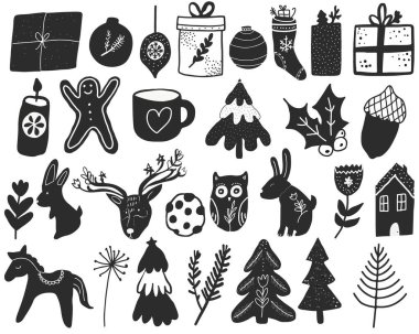 Noel siyah ve beyaz karalama çizimleri İskandinav tarzı birleştirici nesneler