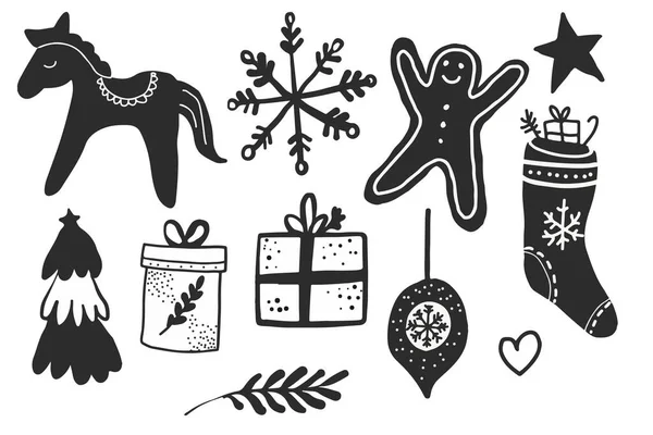 Navidad en blanco y negro doodle ilustraciones objetos en estilo escandinavo hygge —  Fotos de Stock