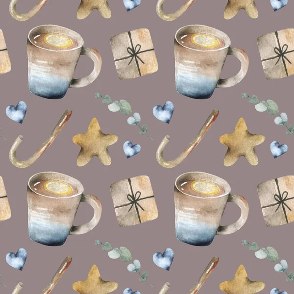 Seamless cozy winter pattern hot drink Christmas Hand-drawing