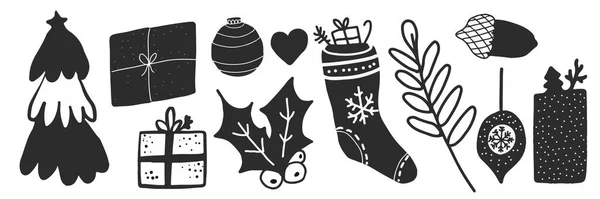 Natale in bianco e nero doodle illustrazioni oggetti in stile scandinavo hygge — Foto Stock