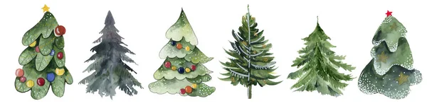 Zes geïsoleerde kerstbomen. schattig nieuw jaar — Stockfoto