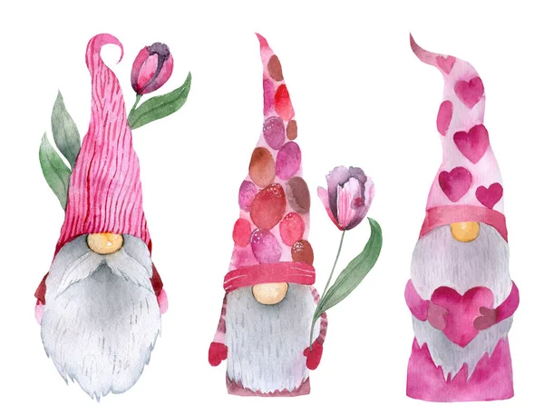 Gnomos lindos con corazones en sombreros de color rosa para tarjetas de San Valentín, regalos, camisetas, tazas, pegatinas, artesanías scrapbooking y diseño. — Foto de Stock