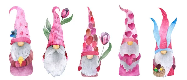 Симпатичные Гномы с сердцами в розовых шляпах на день Святого Валентина открытки, подарки, футболки, кружки, наклейки, скрапбукинг ремесла и дизайн. — стоковое фото