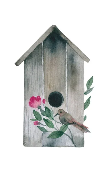 Akvarel ptačí budka izolované na bílém pozadí. — Stock fotografie