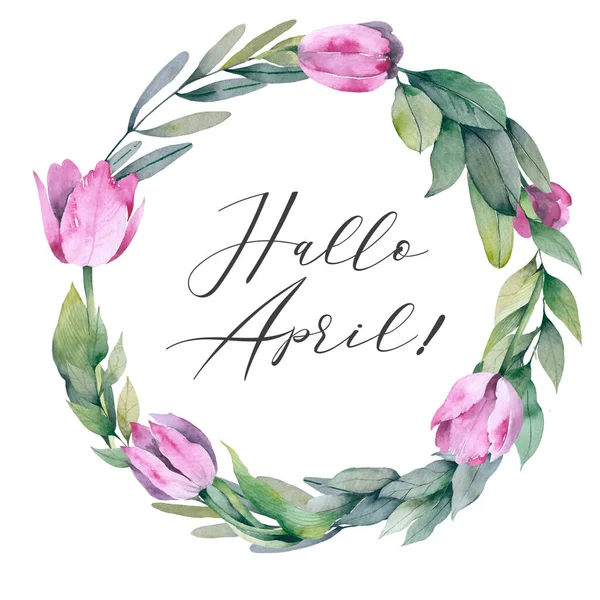 Hello april spring watercolor wreath card Design Illustration.