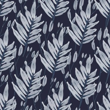 Kusursuz çiçek deseni. Mavi dallar, yapraklar, yapraklar ve küçük daireler.