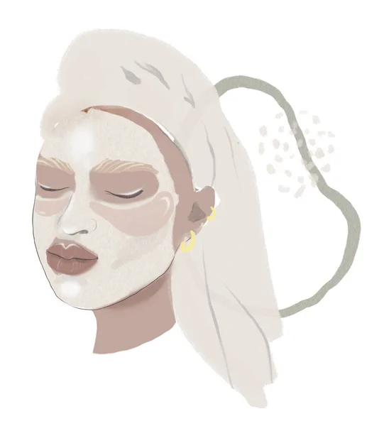 Trendy illustration. Beautiful young with Face mask, skincare, treatment, relaxation. — Stok fotoğraf