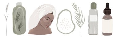 Bundle of compositions with cute young women, tropical leaves and natural organic cosmetics products in bottles, jars and tubes for skin care. Skincare routine set. Flat cartoon  illustration.