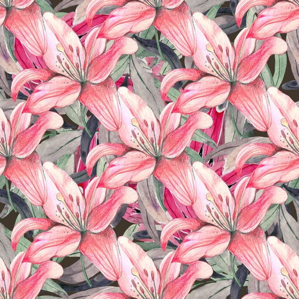 Seamless pattern with watercolor lilies. Watercolor illustration. fabric, textile, wrap, surface, web and print design.