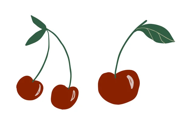 樱桃图标集隔离在白色背景上 红色成熟浆果 手绘樱桃复古素描风格系列剪影 — 图库照片