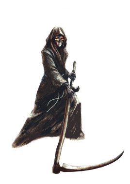 grim reaper in a hood with a scythe, on a white background - fantasy illustration, fictional character clipart