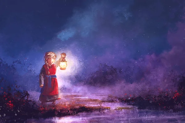 Klein Meisje Rood Met Een Lantaarn Nachts Wetlands Schilderen — Stockfoto
