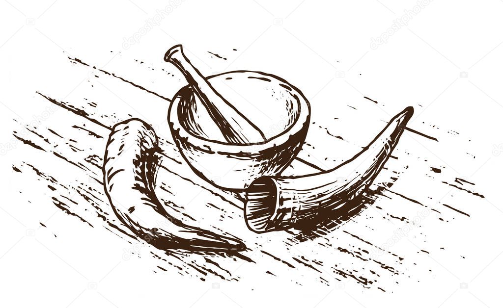 mortar and cows horns, black and white illustration on a white background