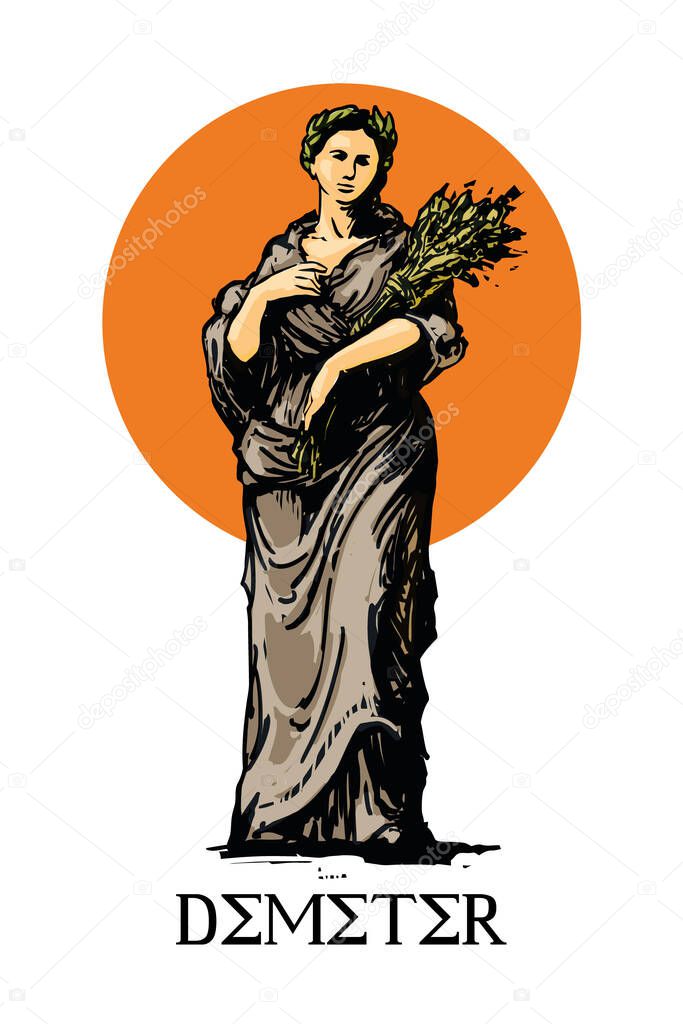 Demeter - the goddess of the harvest and agriculture in ancient Greek religion, vector illustration, white background