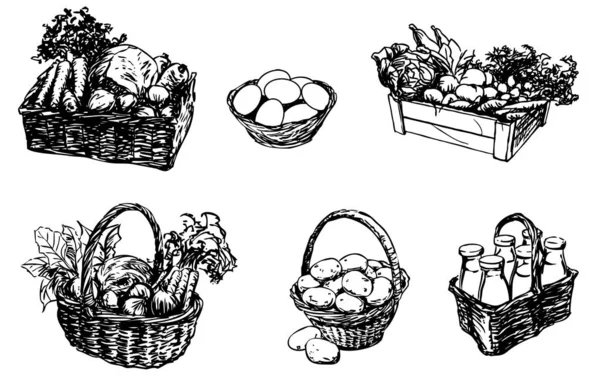 La comida de granja en una cesta - la comida, el conjunto de ilustraciones dibujadas a mano — Archivo Imágenes Vectoriales