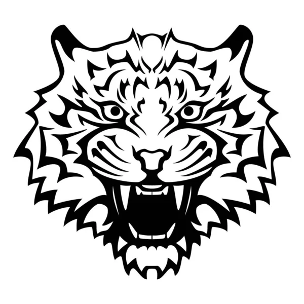 Cabeza de tigre con una boca abierta y colmillos desnudos ilustración del tatuaje del vector en blanco y negro — Vector de stock