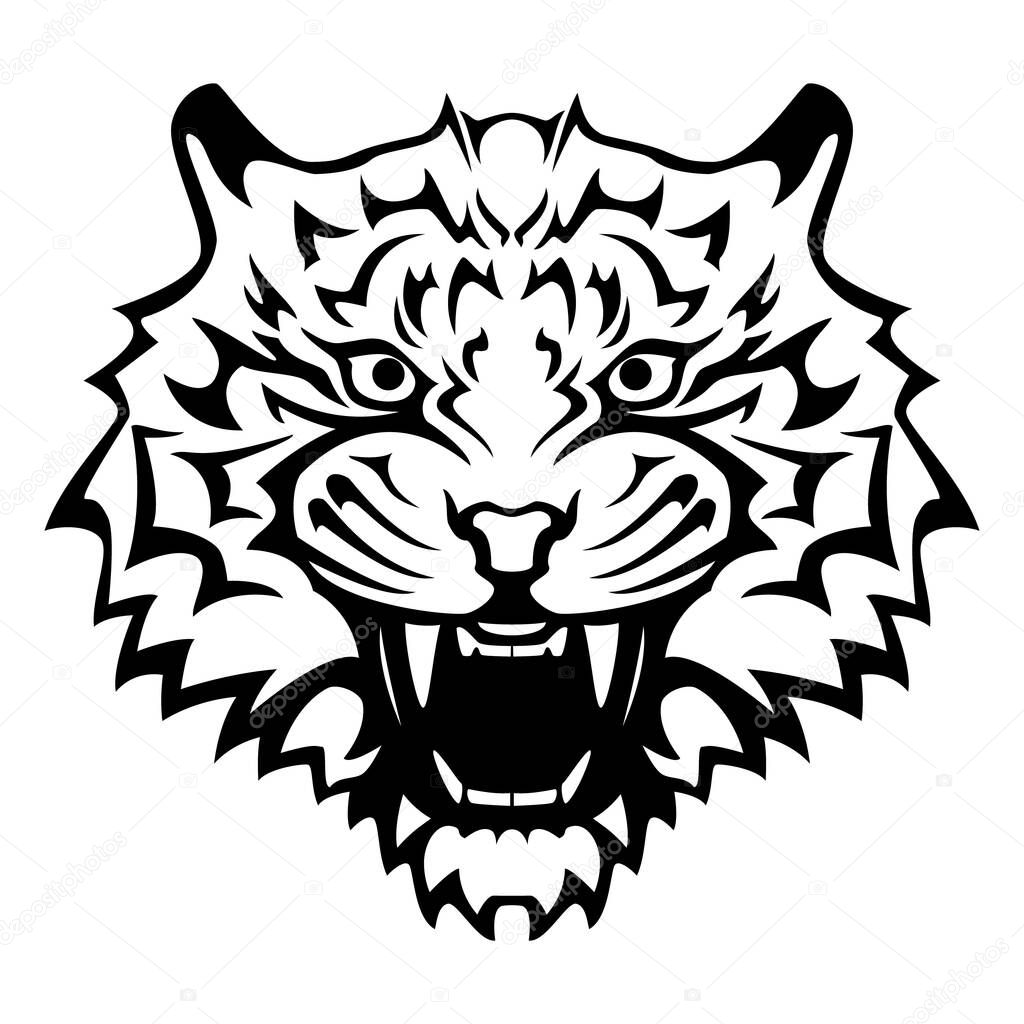 Tiger head with an open mouth and bared fangs - black and white vector tattoo illustration