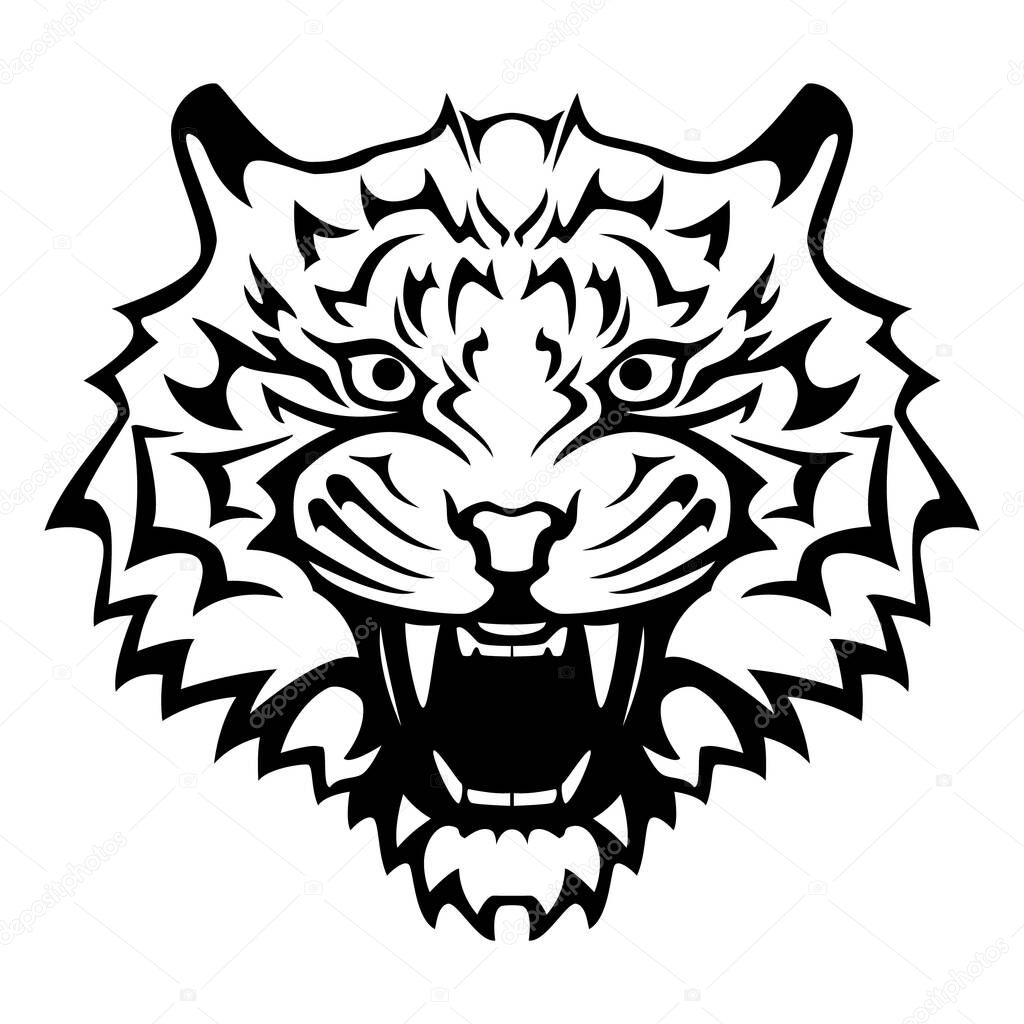 Tiger head with an open mouth and bared fangs - black and white vector tattoo illustration, isolated on white background