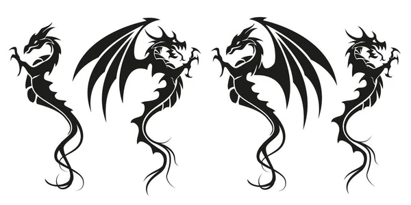Dragones - Dragón símbolo tatuaje, conjunto de ilustración vectorial en blanco y negro — Archivo Imágenes Vectoriales